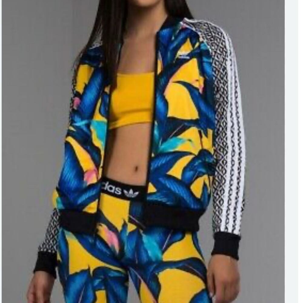 Adidas x Farm Rio Brazil Leaf Floral Track Jacket Blue Yellow XS Full Zip